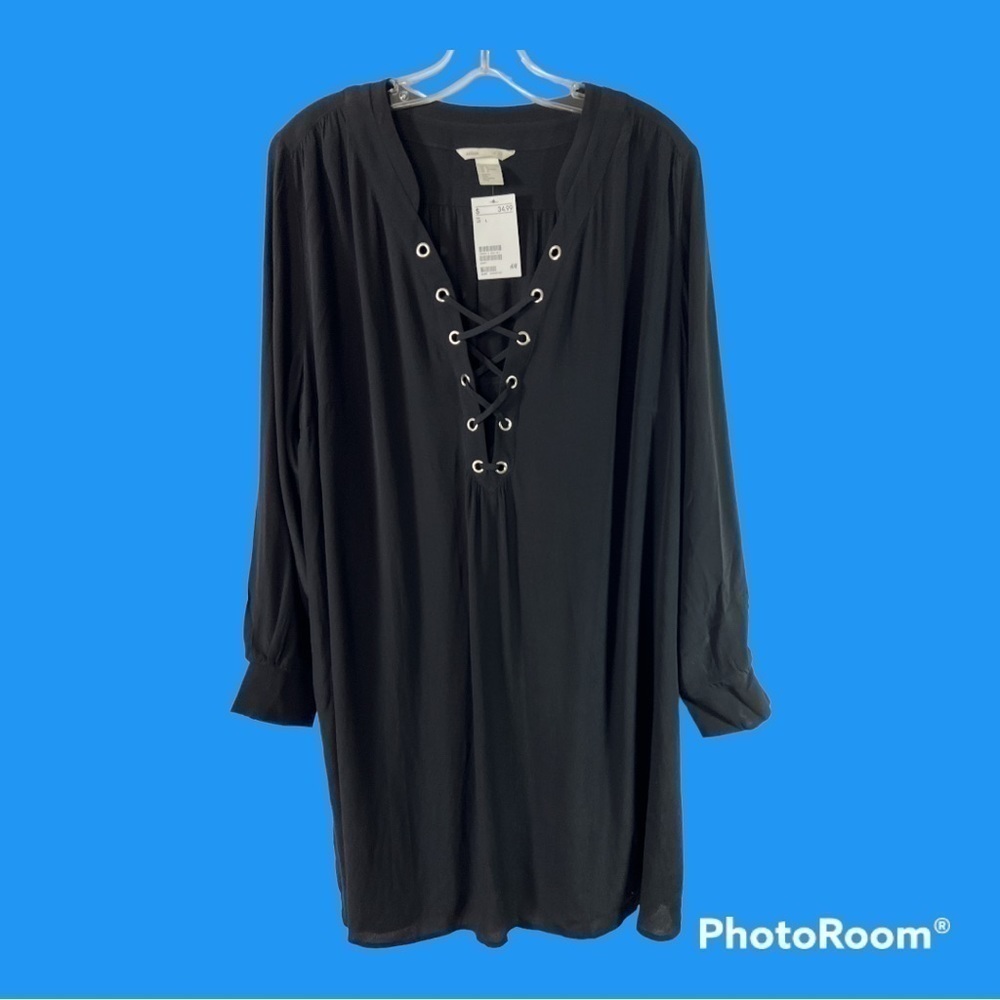 H & M Mama Lace Up Accent Black Long Sleeve Dress NWT Sz L